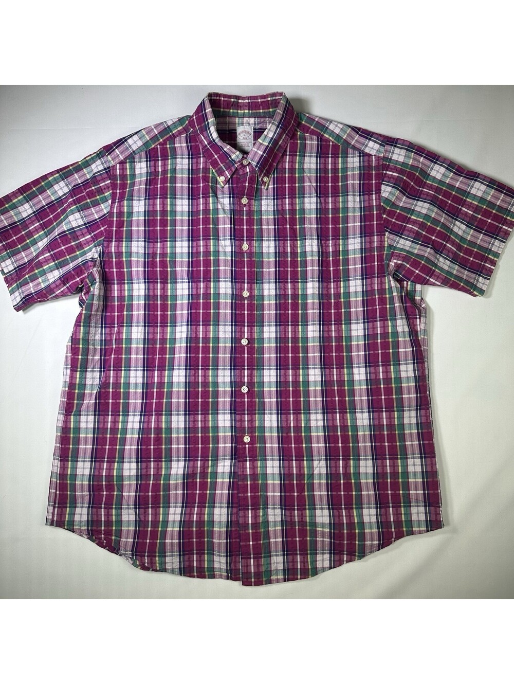 Brooks Brothers Shirt Mens XL Pink Green Plaid Short Sleeve Button Down Colorful